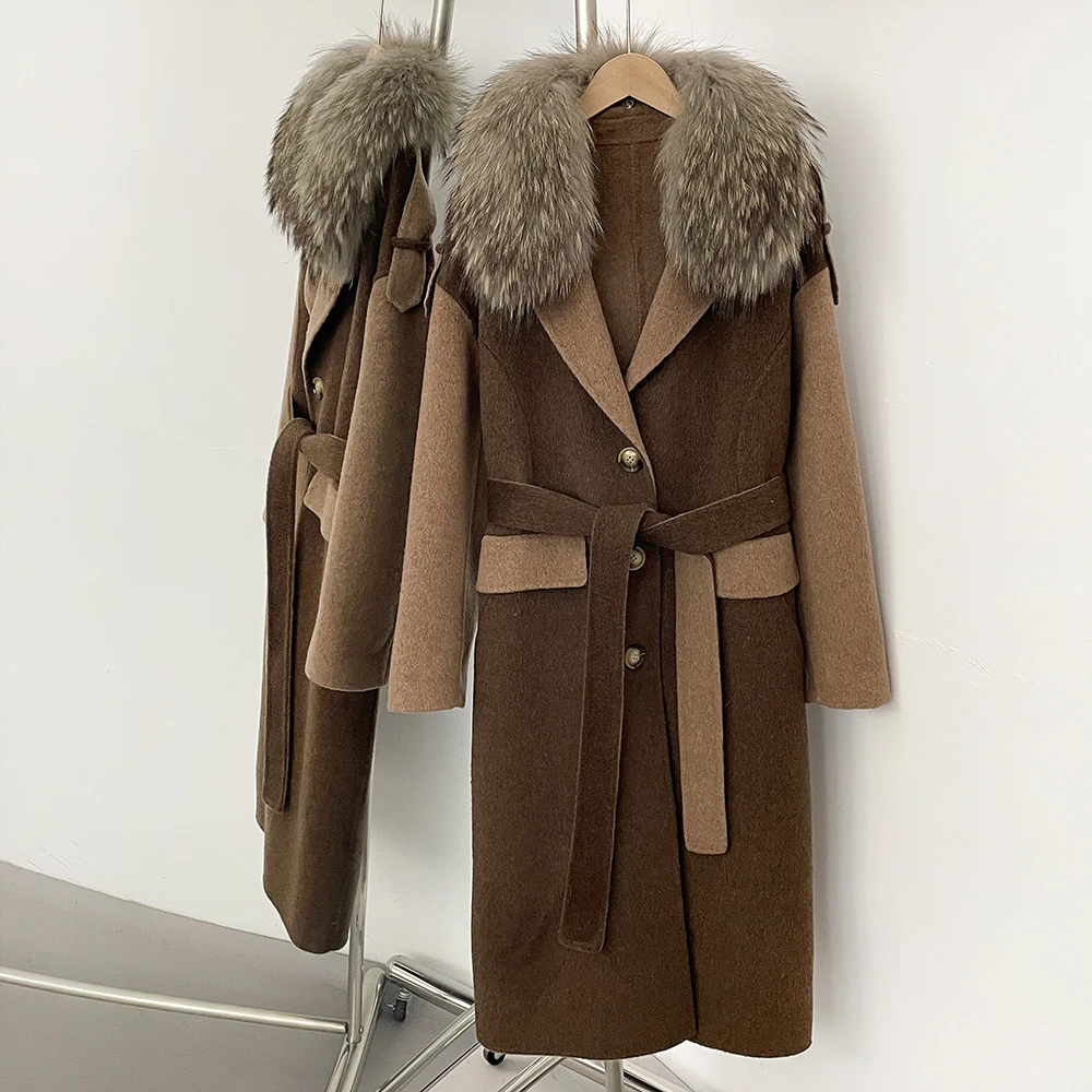 

Reality Fur Coat Large Real Fox Fur Coat Hooded Women Long Woolen Jacket Belt Lace Up Autumn Winter Female Cashmere Outerwear