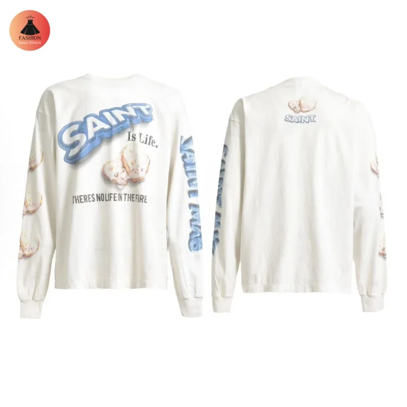 

Street Simple SAINT Love Biscuit Printed Long Sleeve Cartoon Washed Long Sleeve T-Shirt Vintage Mens Womens Tops