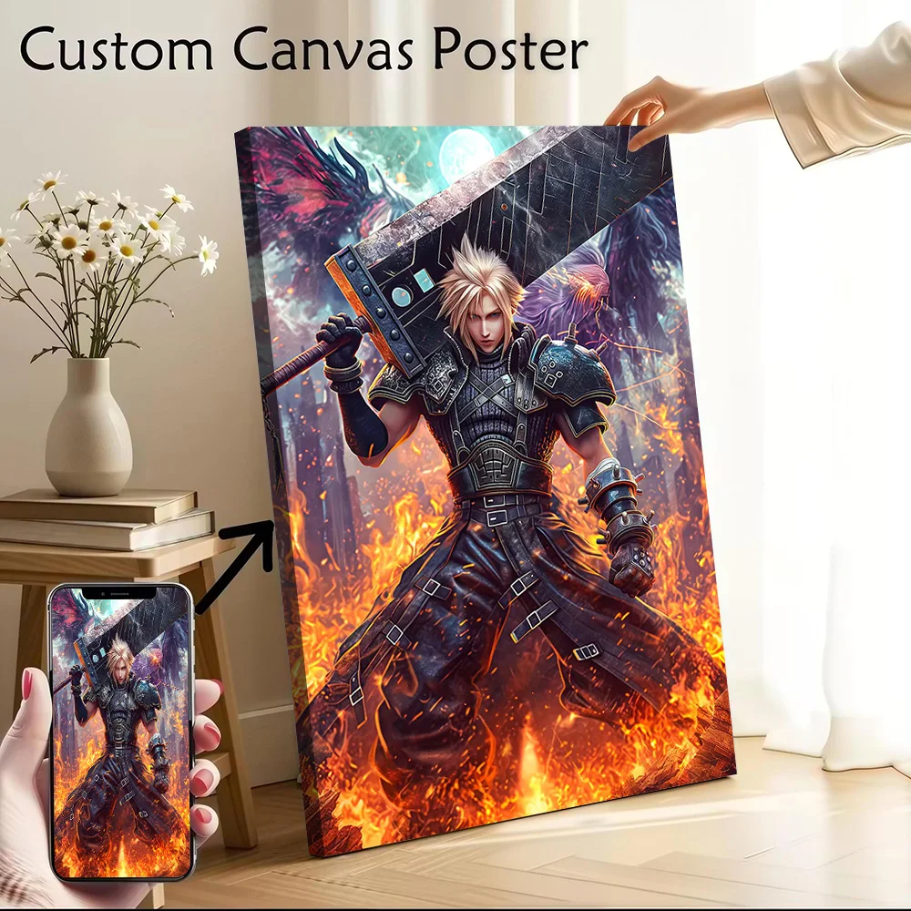 Cloud Strife in Fiery Battle Scene Poster Customizable Printed Canvas Painting for Pictures Wall Art Room Decorating Interior