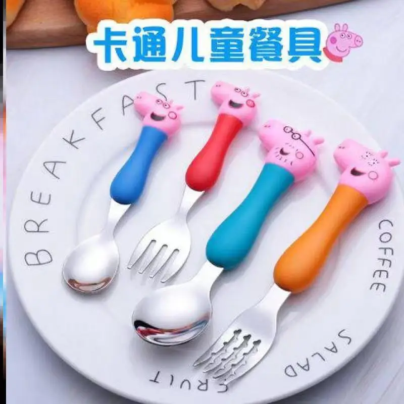 Cute Cartoon Kawaii Peppa Pig Spoon and Fork Stainless Steel Baby 304 Tableware Set Chopsticks Children's Eating Training