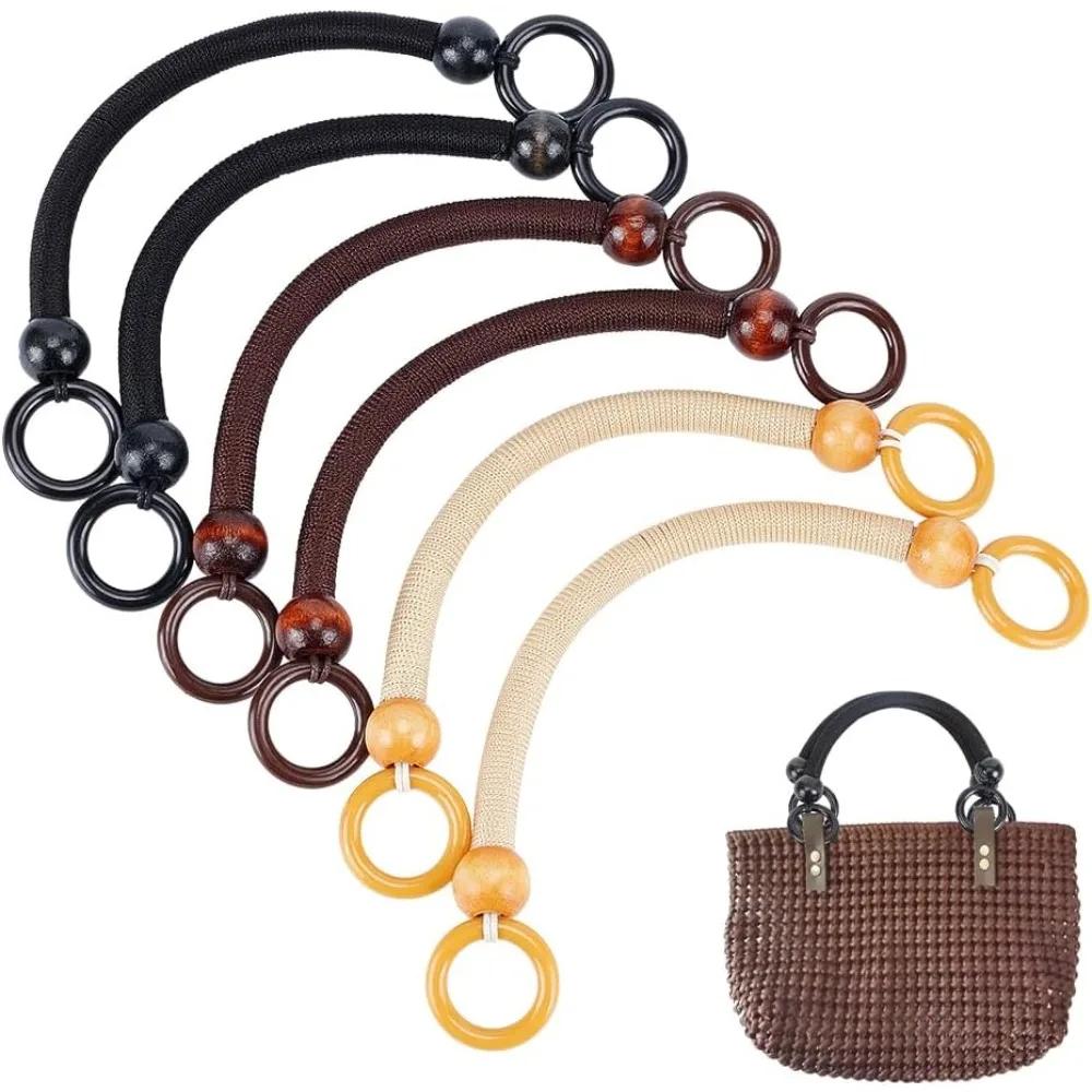 6PCS Wooden Beaded Bag Handles, 3 Colors Nylon Purse Straps Rustic Bag Handle Replacement U-Shape Purse Handles for Bag Making