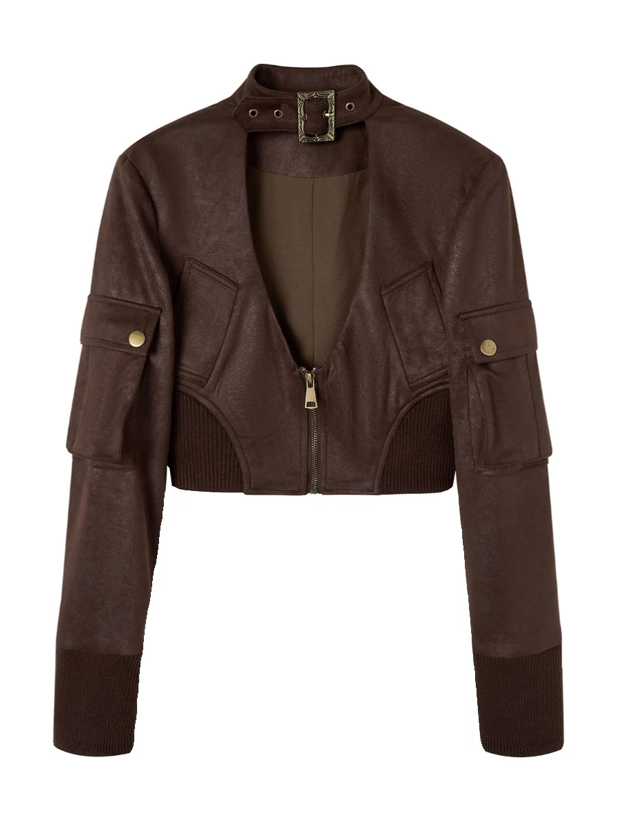 Fuguen HuKim Knitted Patchwork Leather V-ne Button oulder Pad Suit Jaet Retro Spicy Lady Original Design Winter Outerwear