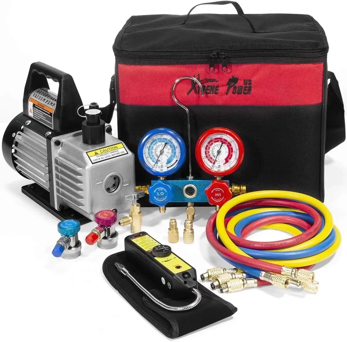 

Premium 4CFM Air Vacuum Pump HVAC A/C Refrigeration KitAC Manifold Gauge Case Set R134 Tap w/Leak Detector and Carrying Tote Bag