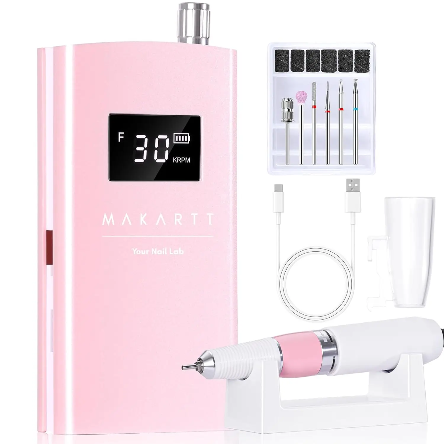 Makartt Electric Nail Drill, Rechargeable Nail Drill Machine 30000RPM, Perlarie Pearly Pink Portable E File Nail Grinder