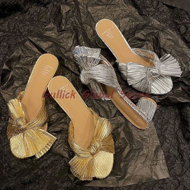 

2024 New Arrival Slides Gold Silver Round Toe Butterfly Knot Round Heels Slippers Summer Outside Luxury Comfortable Cosy Soft