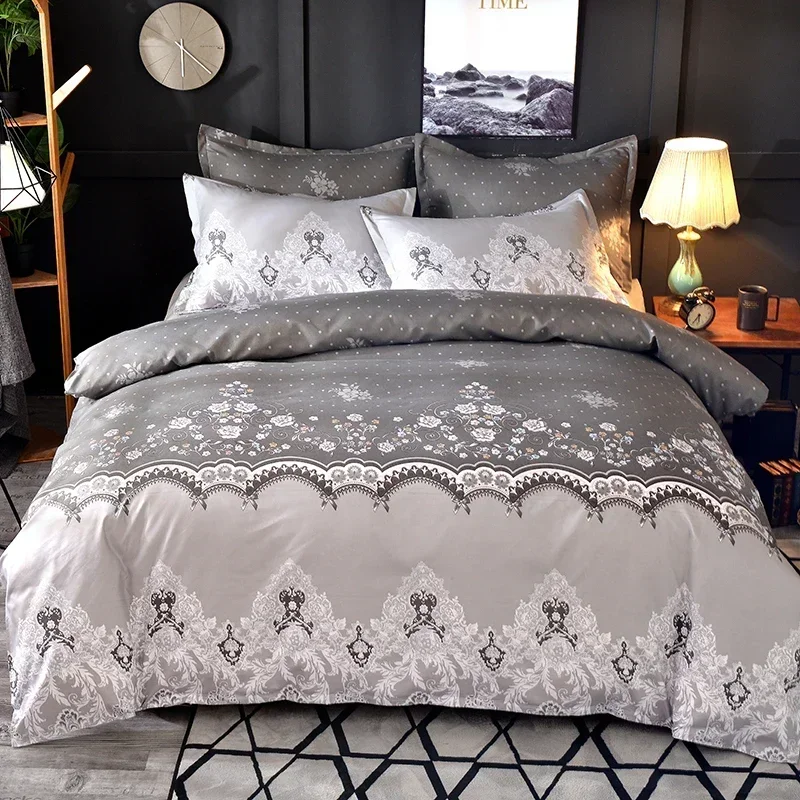 Nordic Style Bedding Set Lace Flower Pattern Microfiber Comforter Duvet Cover Bedspread Bedclothes King Queen with Pillowcases