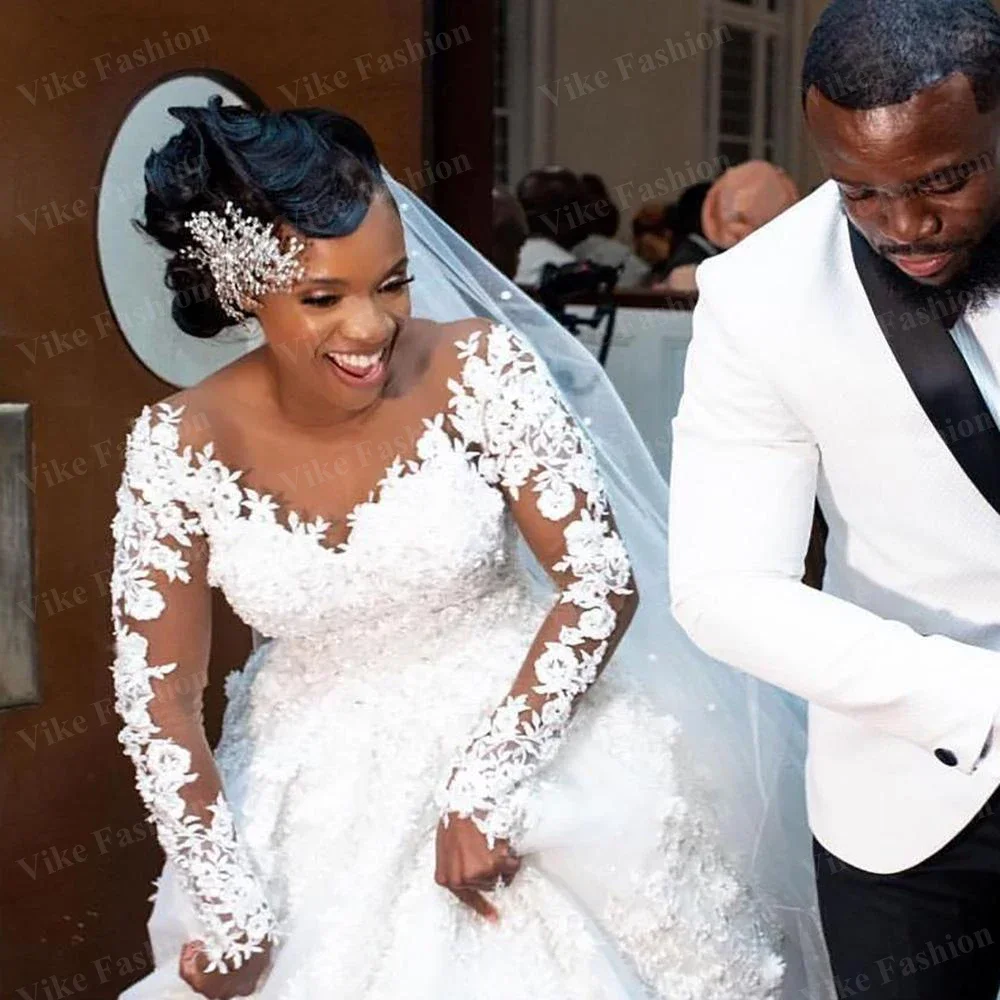 맞춤형 아프리카 플로럴 레이스 볼 웨딩 일루전 롱 슬리브 아플리케 비즈 장식 신부 드레스 채플 트레인 드레스 베스티도스