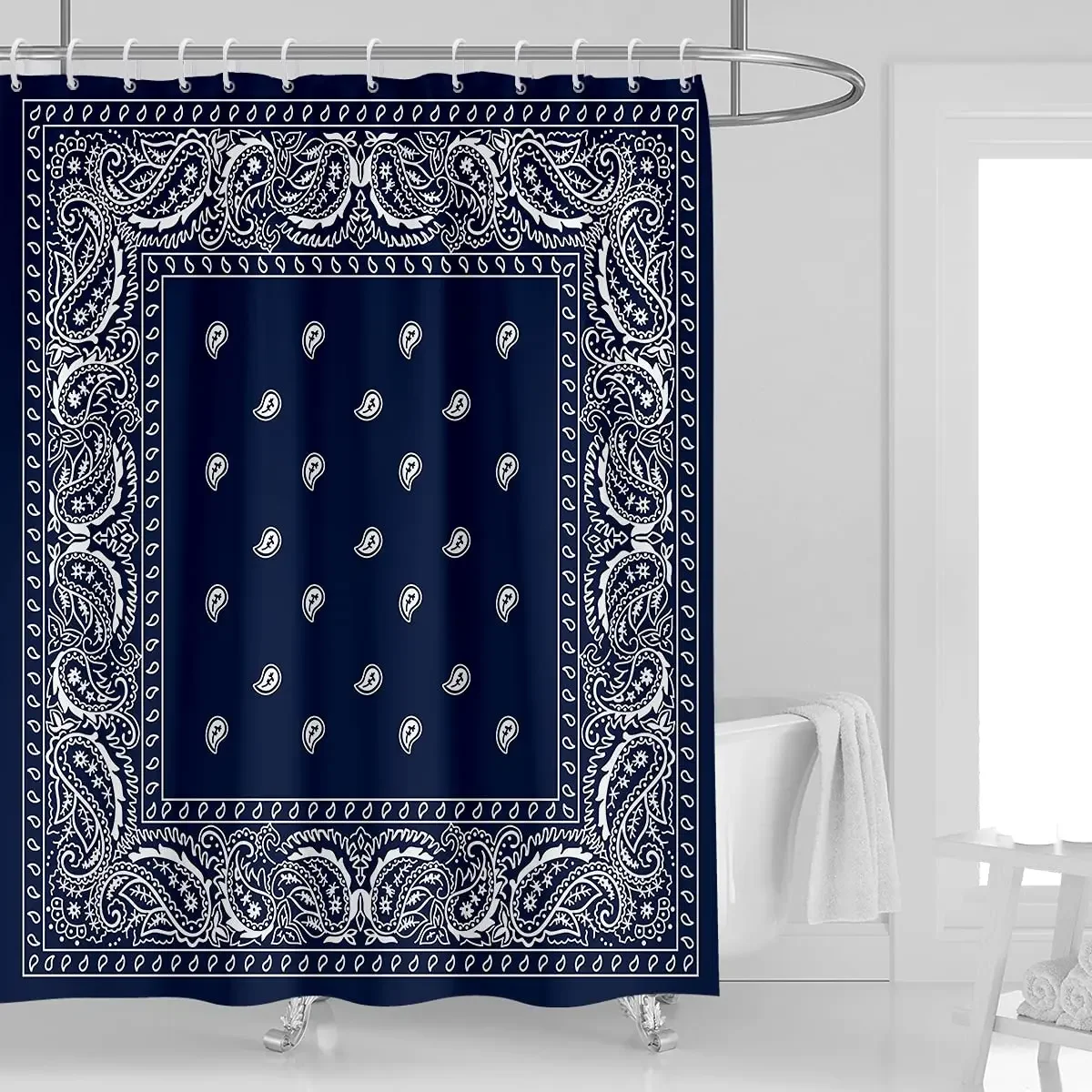 

Bandana Southwestern Shower Curtain Paisley Navy Blue Boho Mandala Floral Bathroom Decor Polyester Fabric Waterproof with Hooks