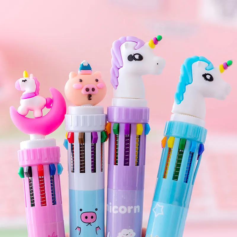 20 Pçs/lote Kawaii Cartoon 10 Cor Caneta Esferográfica Multi-color Caneta Retrátil Bonito Unicórnio Dinossauro Swan Office School Supplies