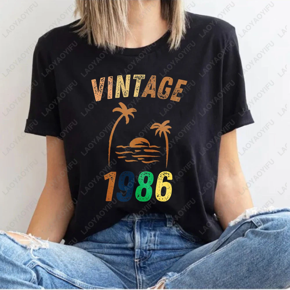 Vintage 1986 Beach Sunset Women T-shirt Retro Birthday Casual Cotton Short Sleeve 40th Anniversary Tropical Gift Idea Tops