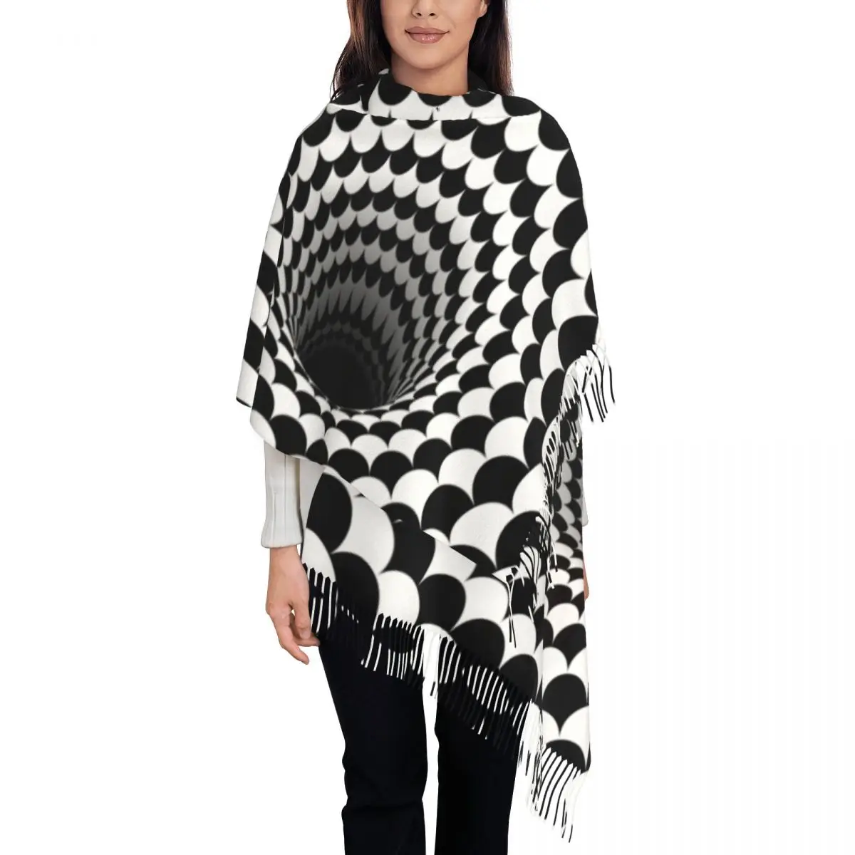 

Optical Illusion Black Hole Scales Tassel Scarf Women Soft Geometry Black And White Shawl Wrap Female Winter Scarves