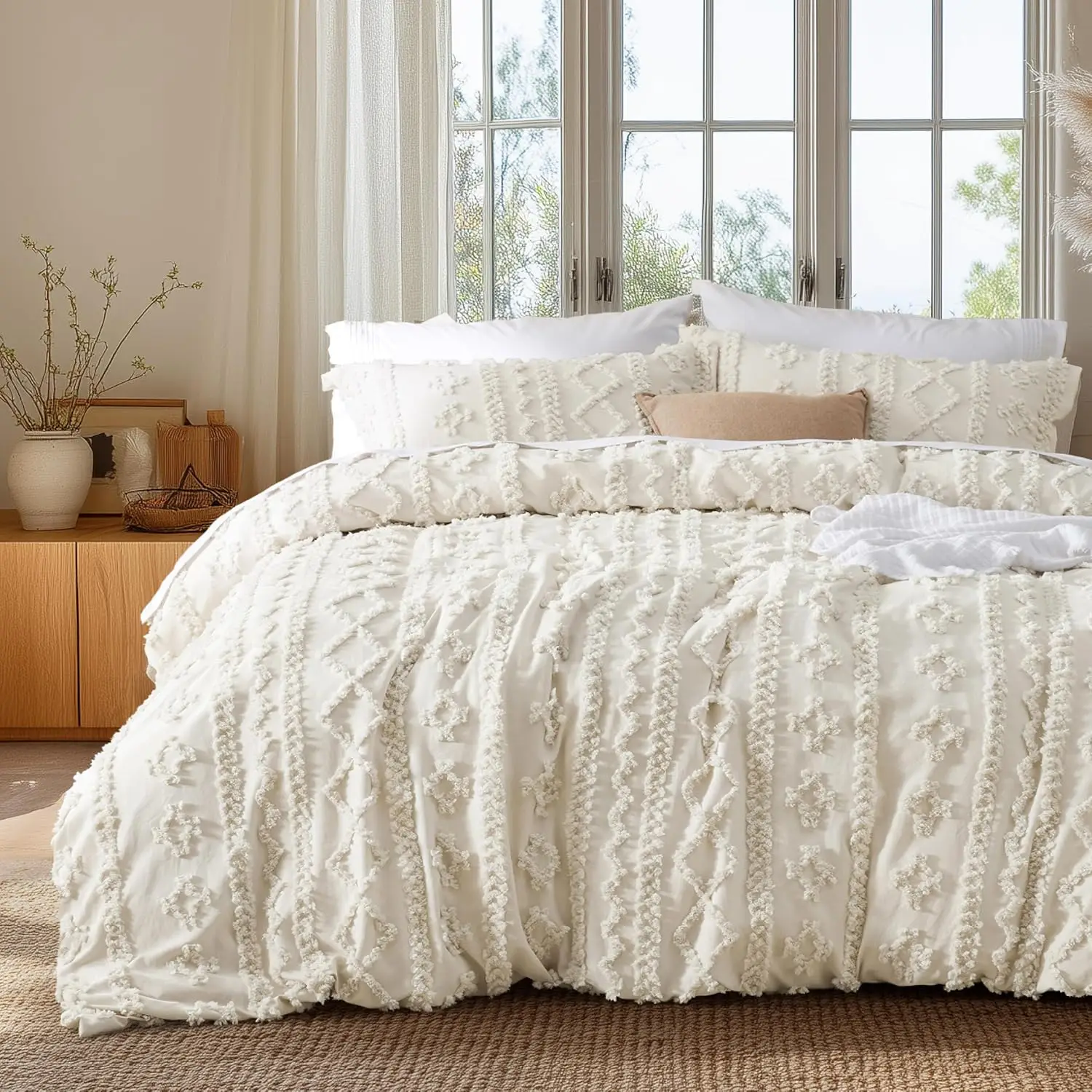 

Boho Duvet Cover King Size, Soft Elegant Design for All Seasons, Includes 1 Cover & 2 Pillow Shams in Beige