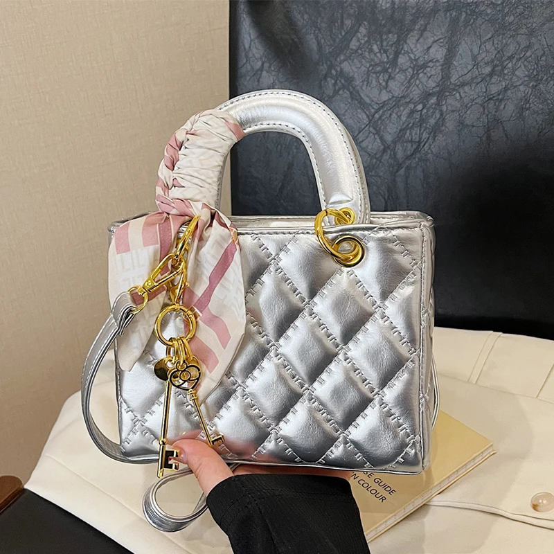 

Silver Handbag Women Famous Brand Quilted Shoulder Bag Small Lingge Pattern Female Crossbody Bag Classic Pu Leather Hand Bag