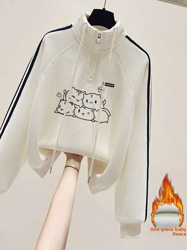 

Thickened Fleece Half-Zip Shortie Hoodie Women's Loose Fit Cartoon Print Top Trendy Autumn Winter New Style Streetwear