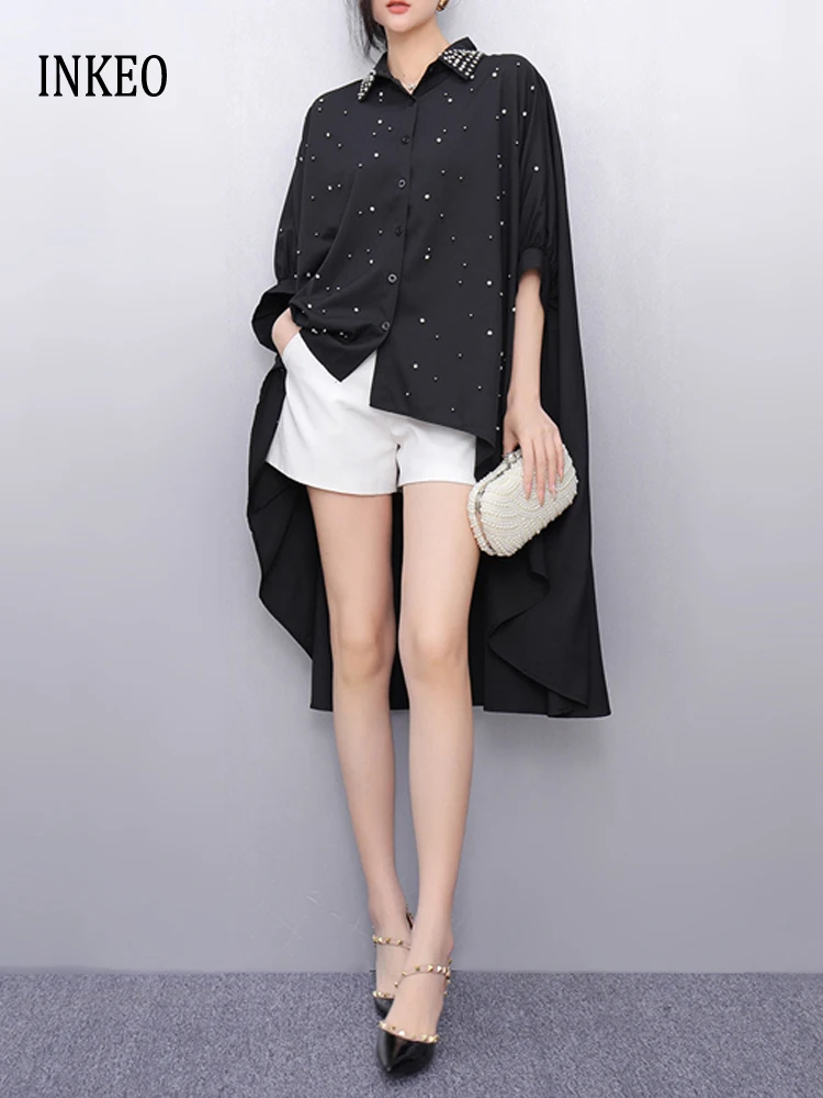 

High street women's Irregular blouse Oversize Pearl Rhinestone beading shirt 2025 Summer Short sleeve top Green Blue Black 5T060