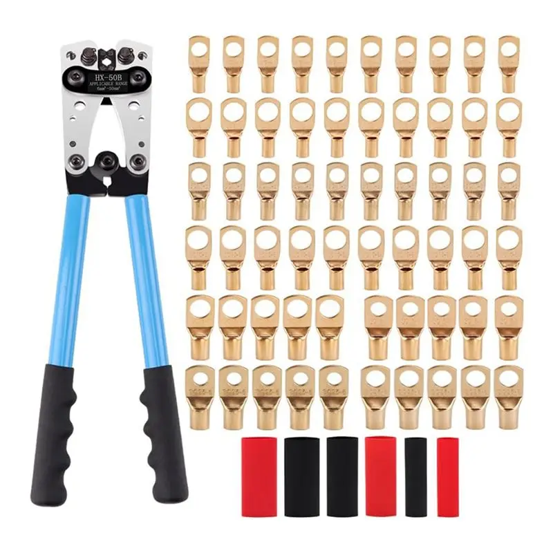AA94-Battery Cable Lug Crimping Tool,Electrical Lug Crimper With 60Pcs Wire Lugs And Heat Shrink Tubing For Lugs Terminals
