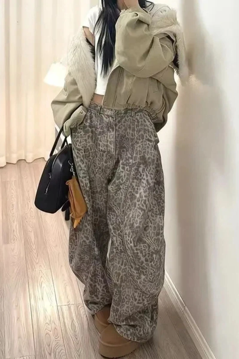 Women's Y2K High Waist Wide Leg Jeans Print Design Loose Fit Flare Trousers Comfort Stretch Casual Fashion Winter New