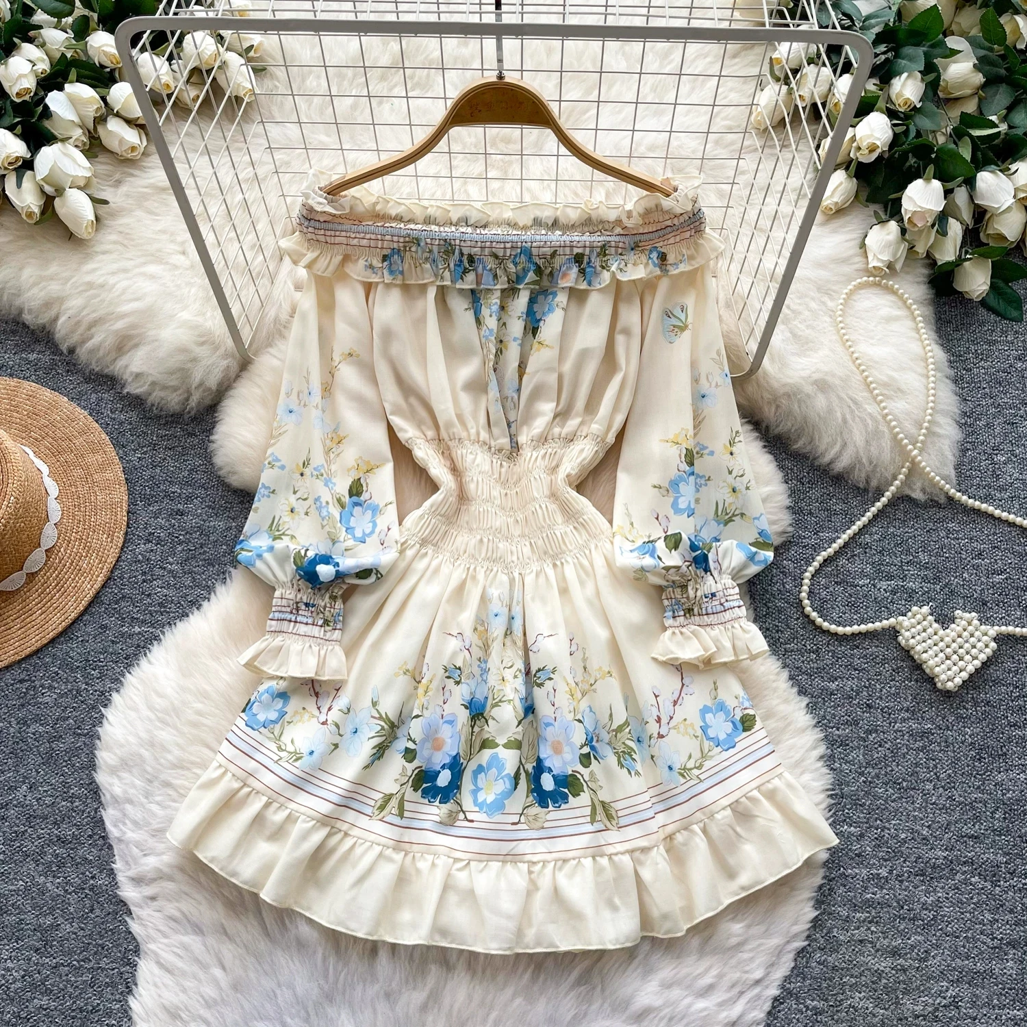 

French Style Romantic Blue Flower Printed Dress Women Elegant Slim Fit Waist One Shoulder Ruffled Sleeve Sweet Holiday Dress