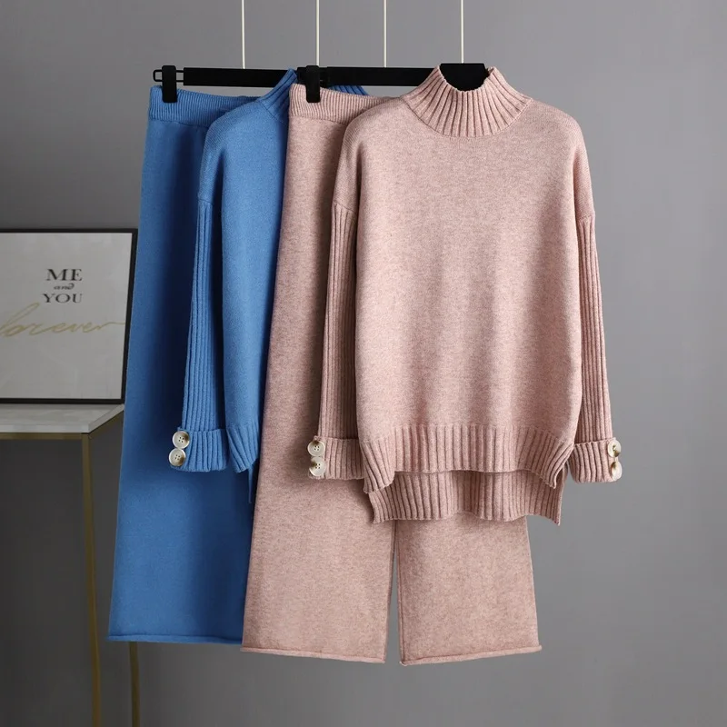 

Autumn Winter 2 Pieces Knitted Suit Loungewear Women Half Turtleneck Sweater Thick Outerwear Loose Straight Jogging Pants Suits