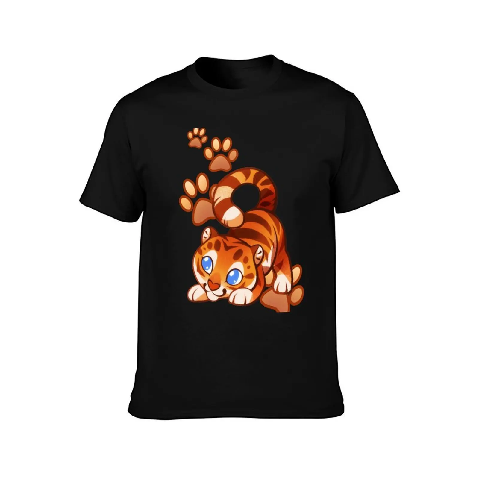 Adorable chibi golden tiger digital drawing with paw prints T-Shirt Breathable Basic Cotton T-Shirt