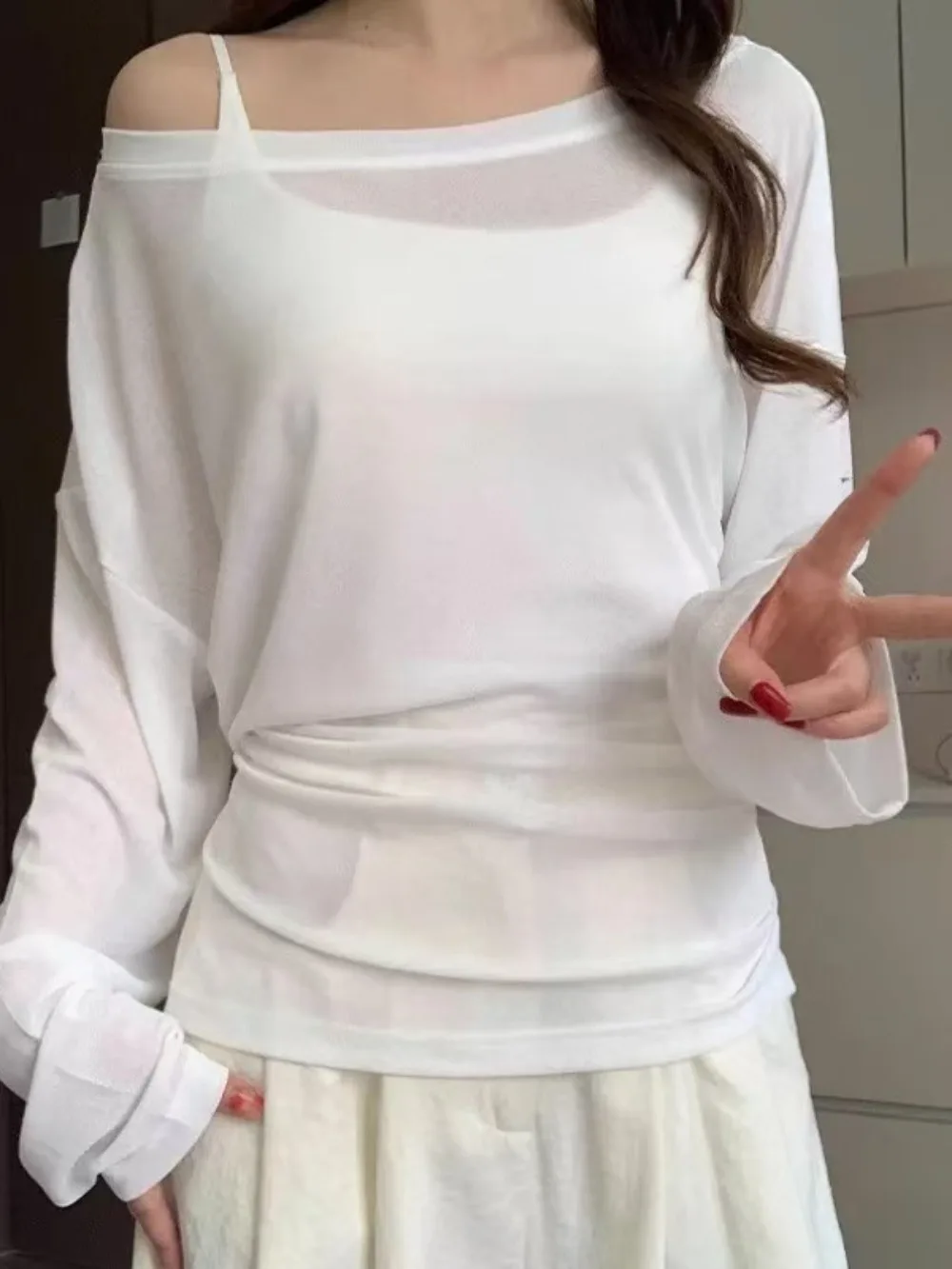 See Through Long Sleeve Oversize T Shirt Women Sexy Back Bandage Off Shoulder Top Female Basic Long Tees Korean Chic Lady New