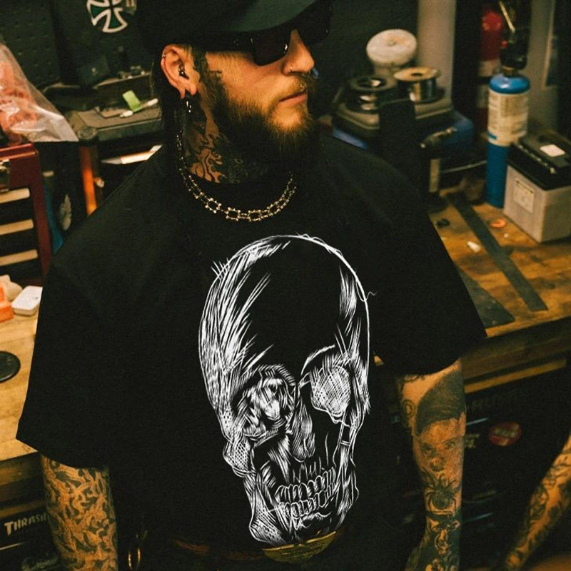 2026 Small-scale American Retro-style Skull Pattern Loose Men's and Women's Cotton Short-sleeved T-shirt Trendy