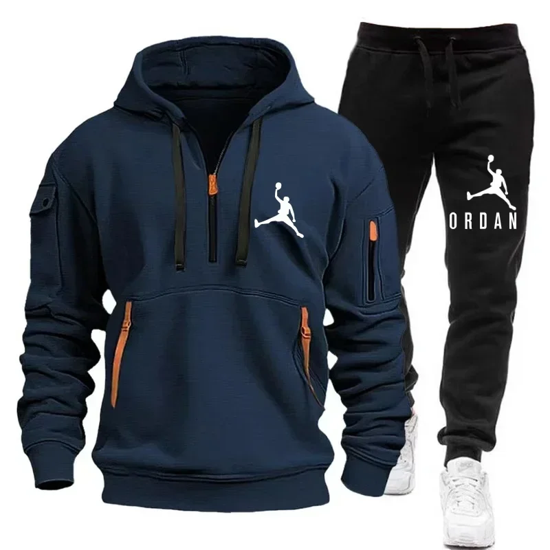 

2025 new autumn and winter men's fashion zipper hoodie + jogging sweatpants two-piece leisure fitness high quality sports suit