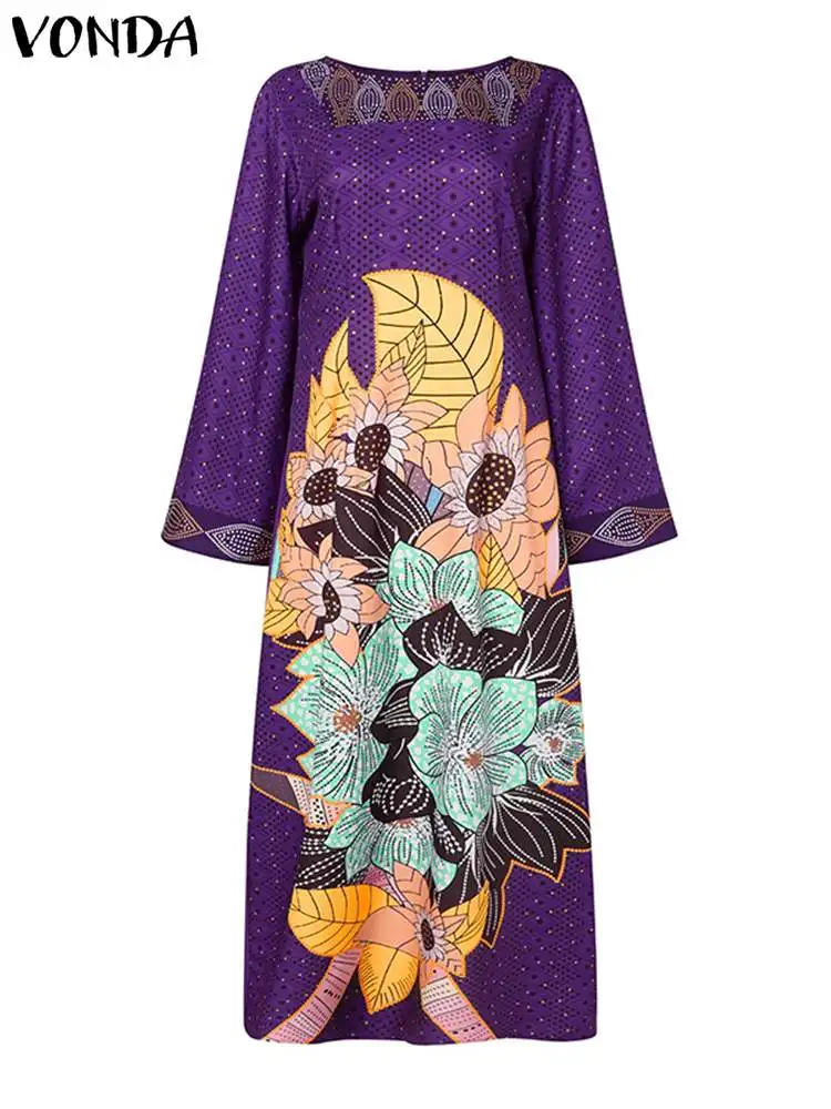 Plus Size 5XL VONDA 2024 Autumn Women Bohemian Floral Printed Maxi Dress Loose Casual Sundress Long Flare Sleeve Party Robe