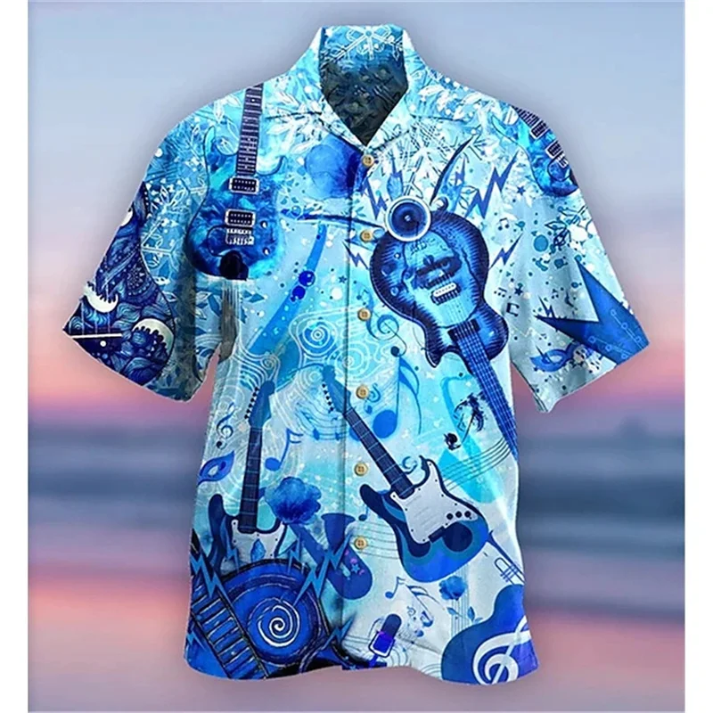 Funny Guitar Beer Pattern Hawaiian Shirts For Men Musical Instrument 3D Printed Blouse Summer Loose Aloha Shirts Short Sleeves