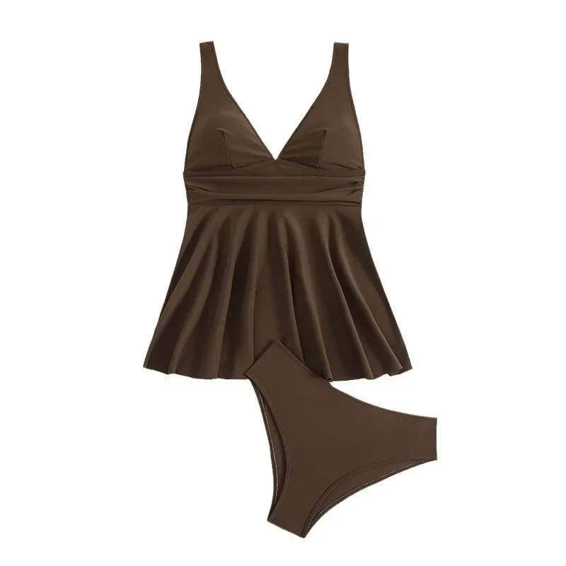 Bruine tweedelige zwemkleding vrouw zomer badmode vrouwelijke tankini sets strandkleding badpak ruche vrouwen zwempak tiener