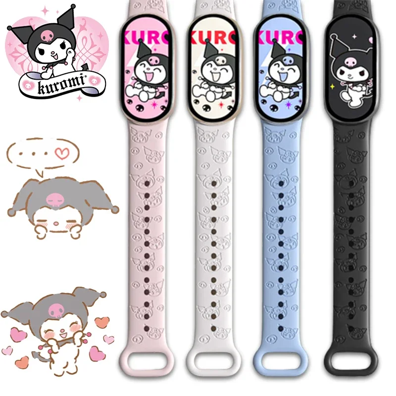 Sanrio Kuromi Silicone Strap for Mi Band Mi3 Mi4 Mi5 Mi6 Mi7 Mi8 Xiaomi Embossed Cartoon Anime Kawaii Replacement Sports Strap