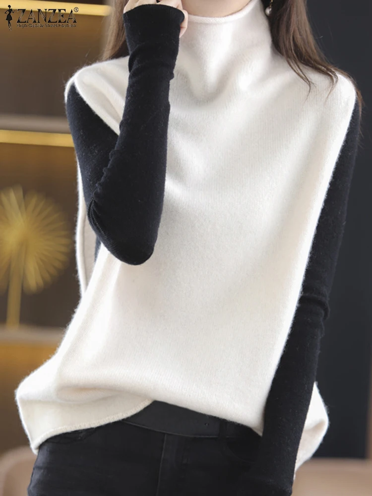 2024 Autumn Sweater Vest ZANZEA Fashion Solid Color Tanks Holiday High Collar Knitted Outfits Women Sleeveless Casual Loose Tops