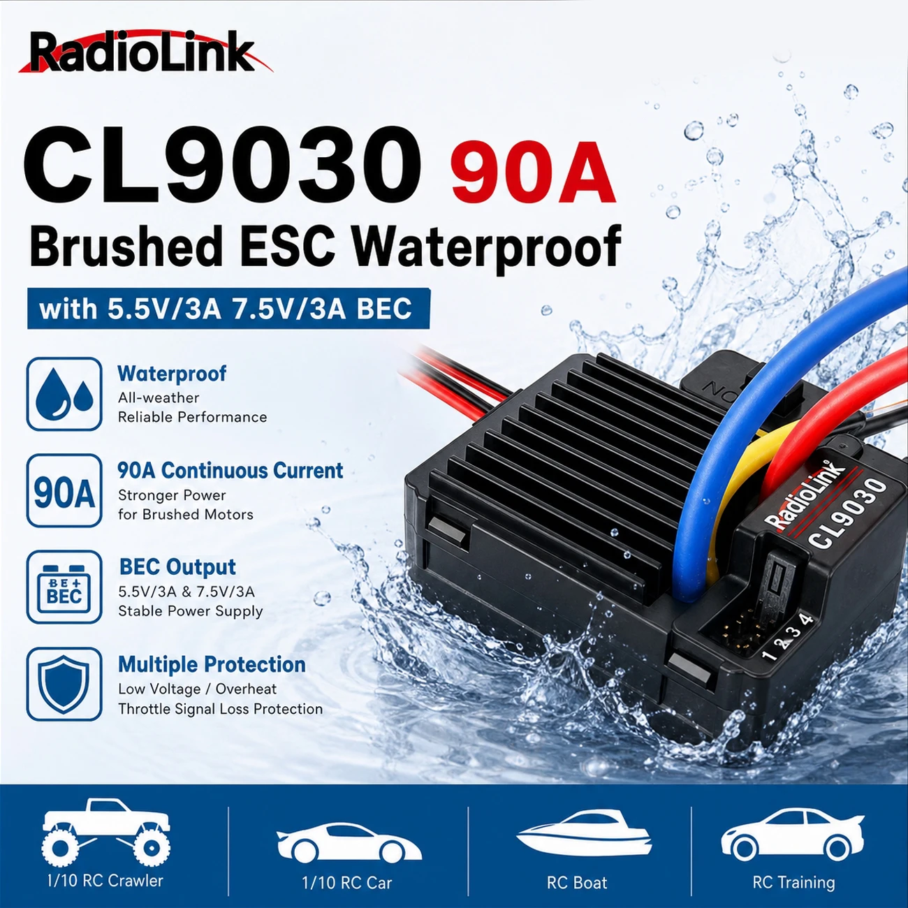 Radiolink CL9030 90A Brushed ESC Waterproof with 5.5V/3A 7.5V/3A BEC for 1/10 RC Crawler Off-road Truck Car Boat Upgrade Parts