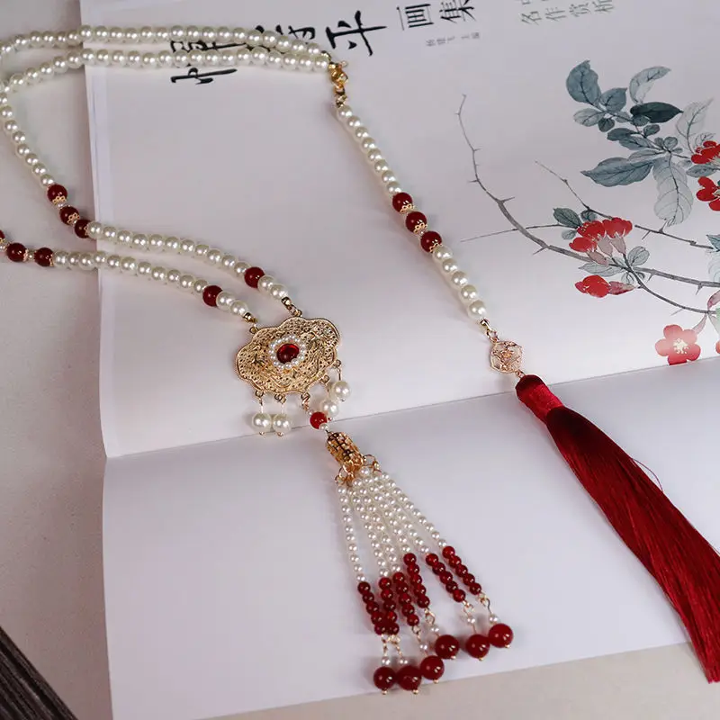 

New Chinese-style Horse-faced Skirt Vintage Accessories Women's Hanfu Antique Pearl Tassel New Year Happy Girlfriend Necklace