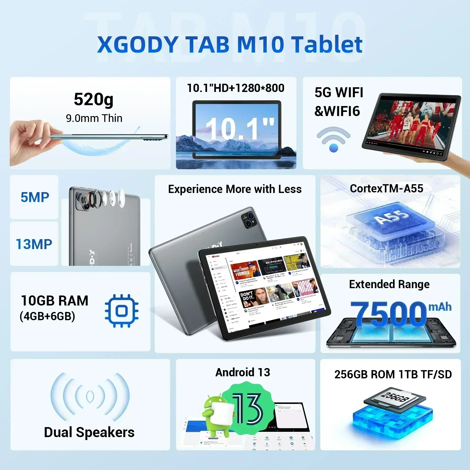 Xgody-Androidタブレット,オクタコア,IPS画面,10GB, 256GB,5g,wifi,bluetooth,type-c,7000mahキーボード付きタブレット,10インチ