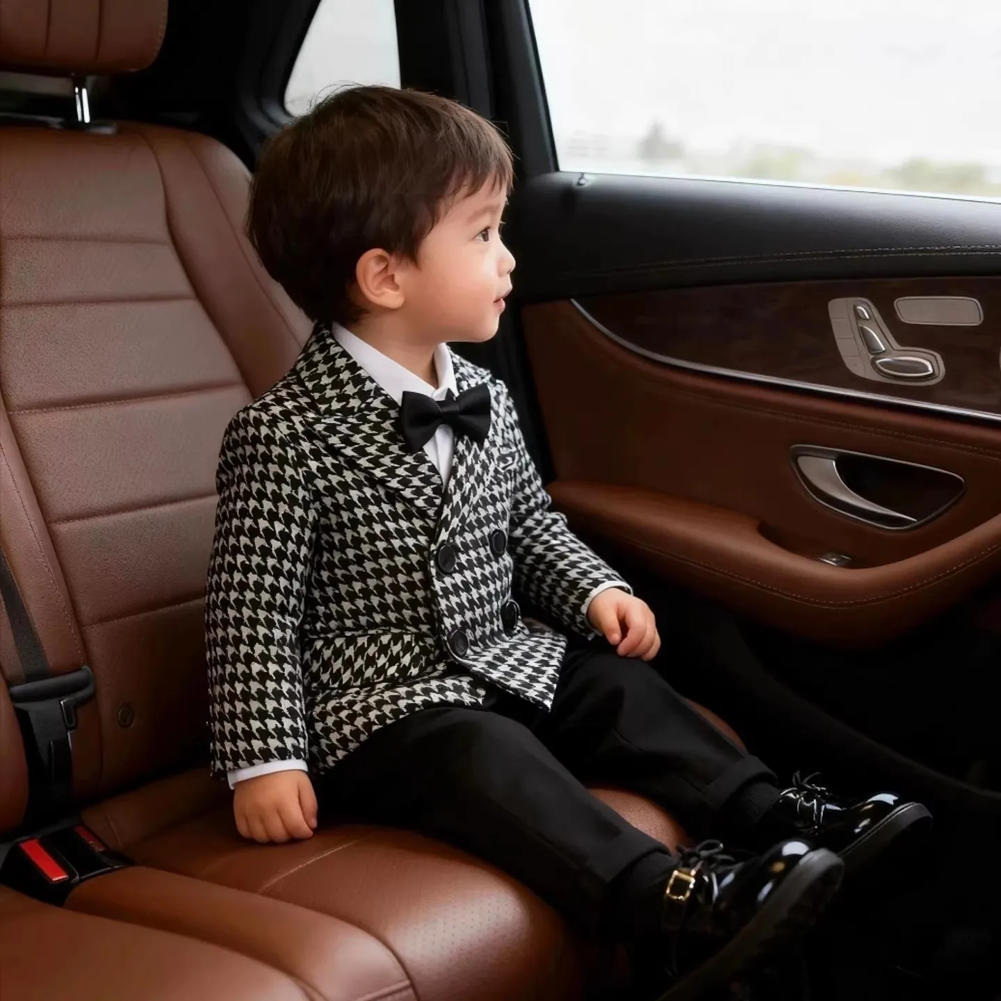 Little Boys Spring Houndstooth Jacket Pants Bowtie Wedding Dress Gentleman Kids Evening Party Suit Children Performance Wear