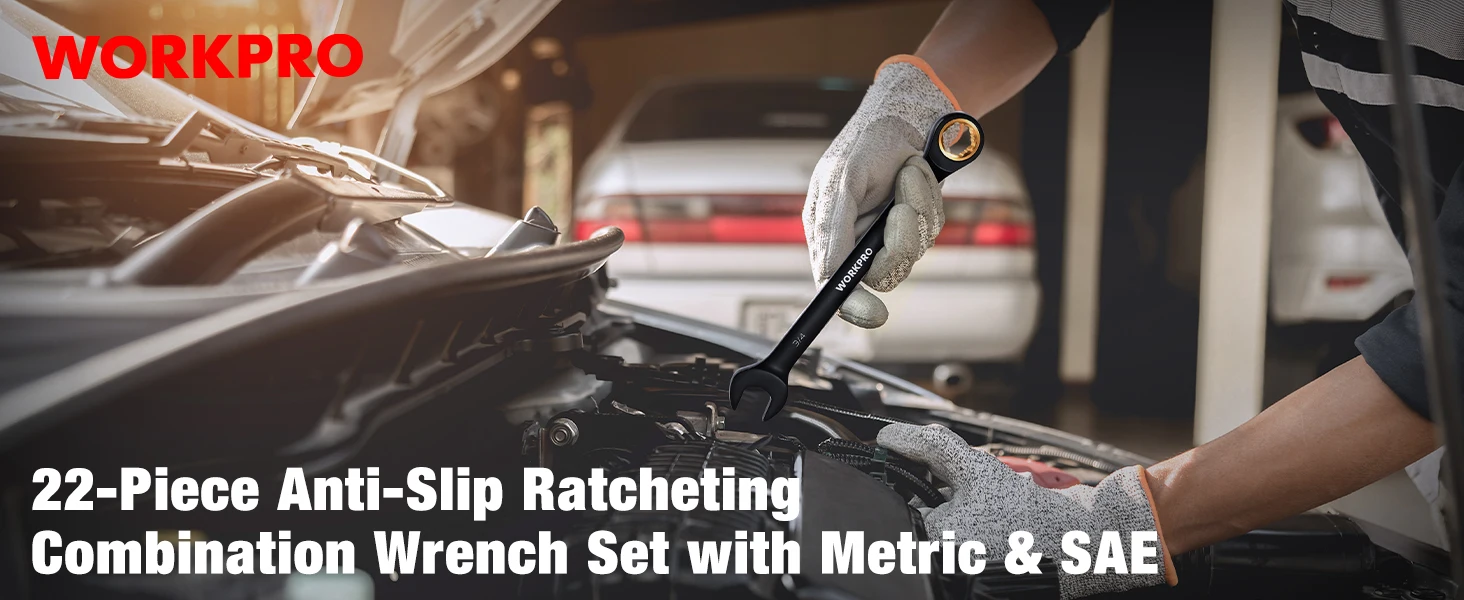 WORKPRO 22-Piece Ratcheting Wrench Set, Anti-slip Teeth, Ratchet Combination Wrench Sets with Organizer Box