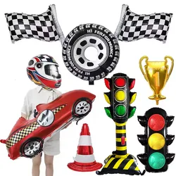 Car Race Balloons Traffic Cones Black White Checkered Flags Racing Wheel tire Foil Balloon Kids Car Birthday Party Decorations