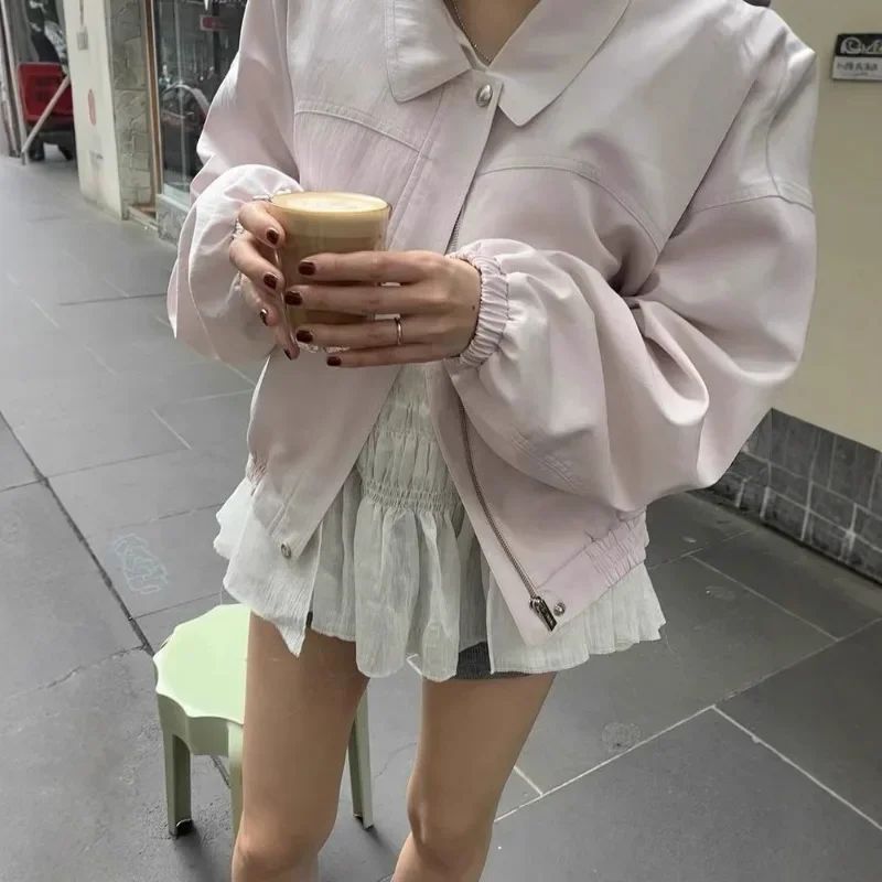 ربيع 2025 جديد الكورية الحلو فضفاض التلبيب سستة الصلبة قصيرة نمط سترة صغيرة واضحة ملابس خارجية المرأة الأعمال معطف غير رسمي