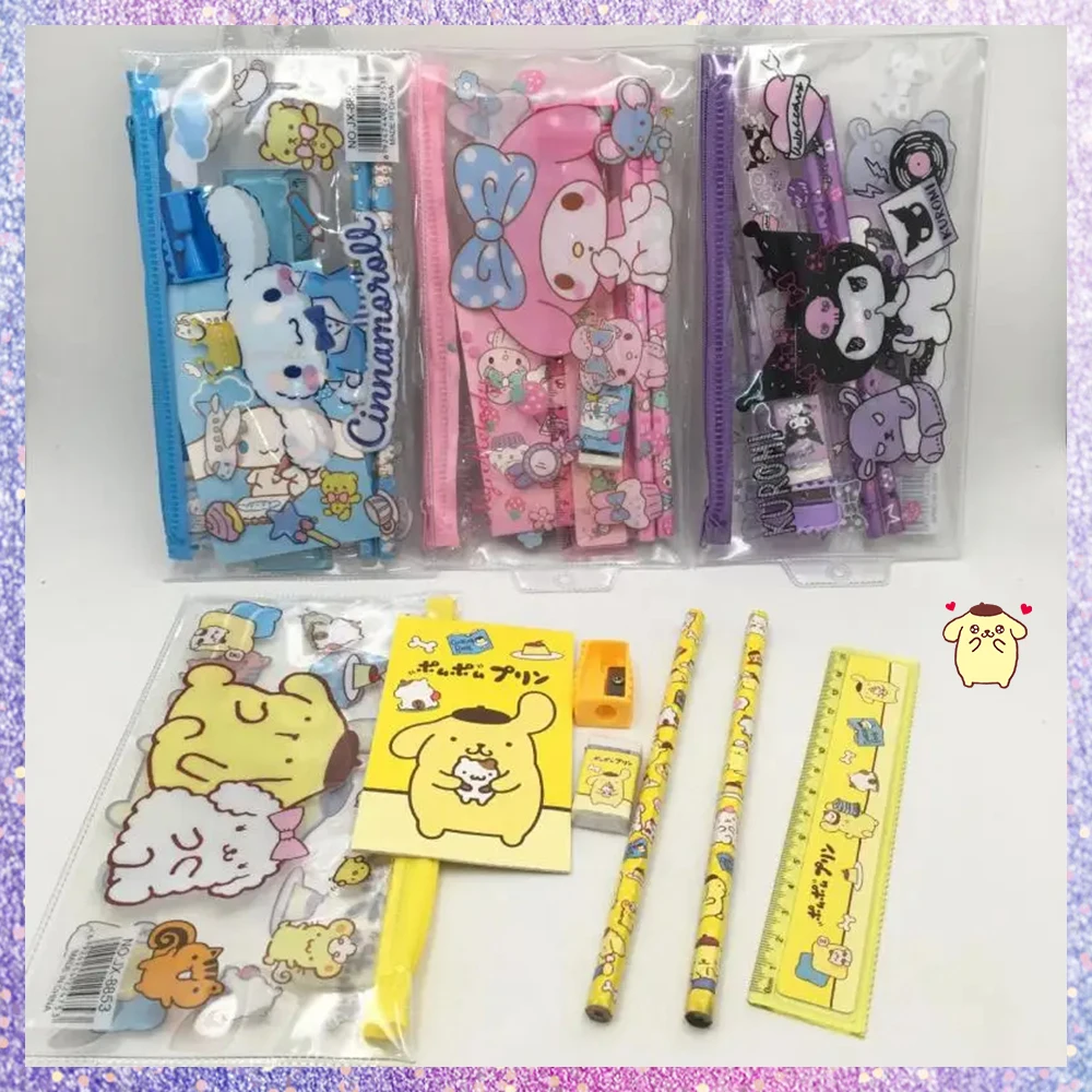 Anime Cinnamoroll Sanrioed Stationery Set Kawaii New Melody Kuromi Student Cartoon Pencil Eraser Ruler Pen Bag Storage Set Gift