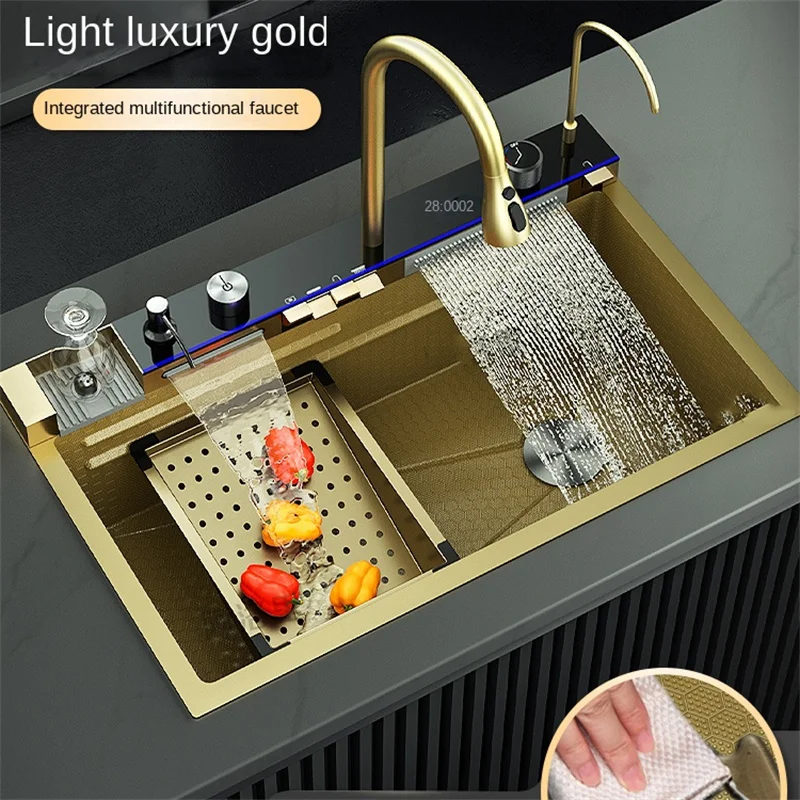 Digital Display Honeycomb 304 Stainless Steel Kitchen Sink Gold Golden Black White Gun Grey Gray Silver Kitchen Sink Water Fall