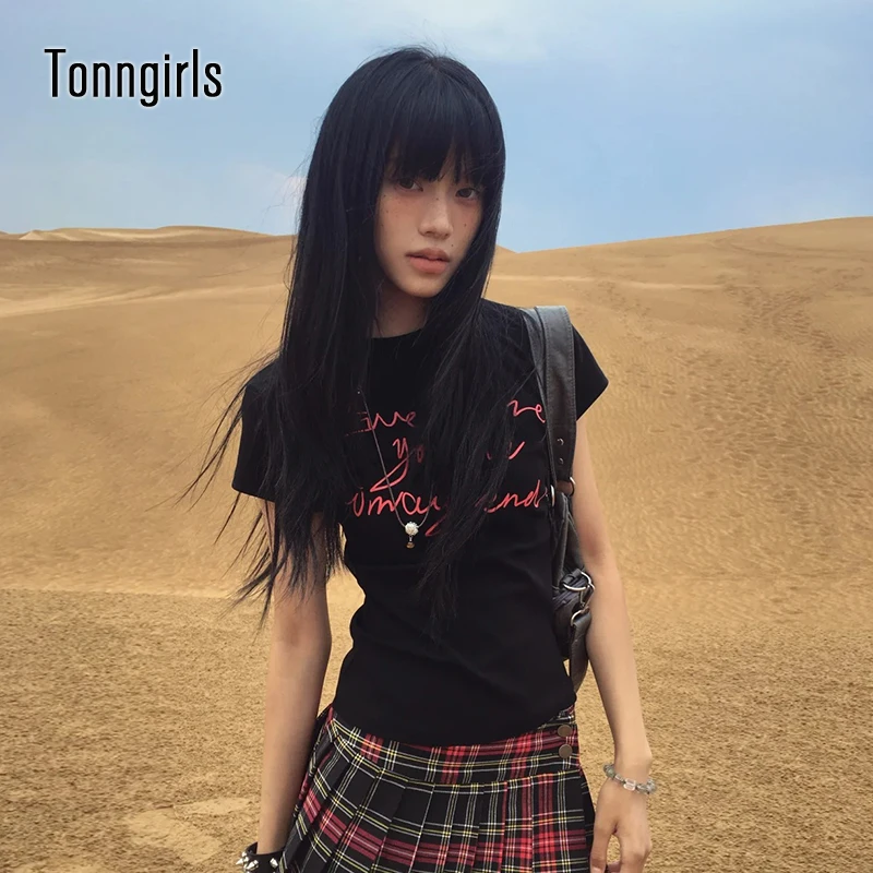 

Tonngirls Y2k японская футболка женские укороченные топы с буквенным принтом черные американские ретро футболки 90-х годов уличная одежда топы в стиле гранж летние