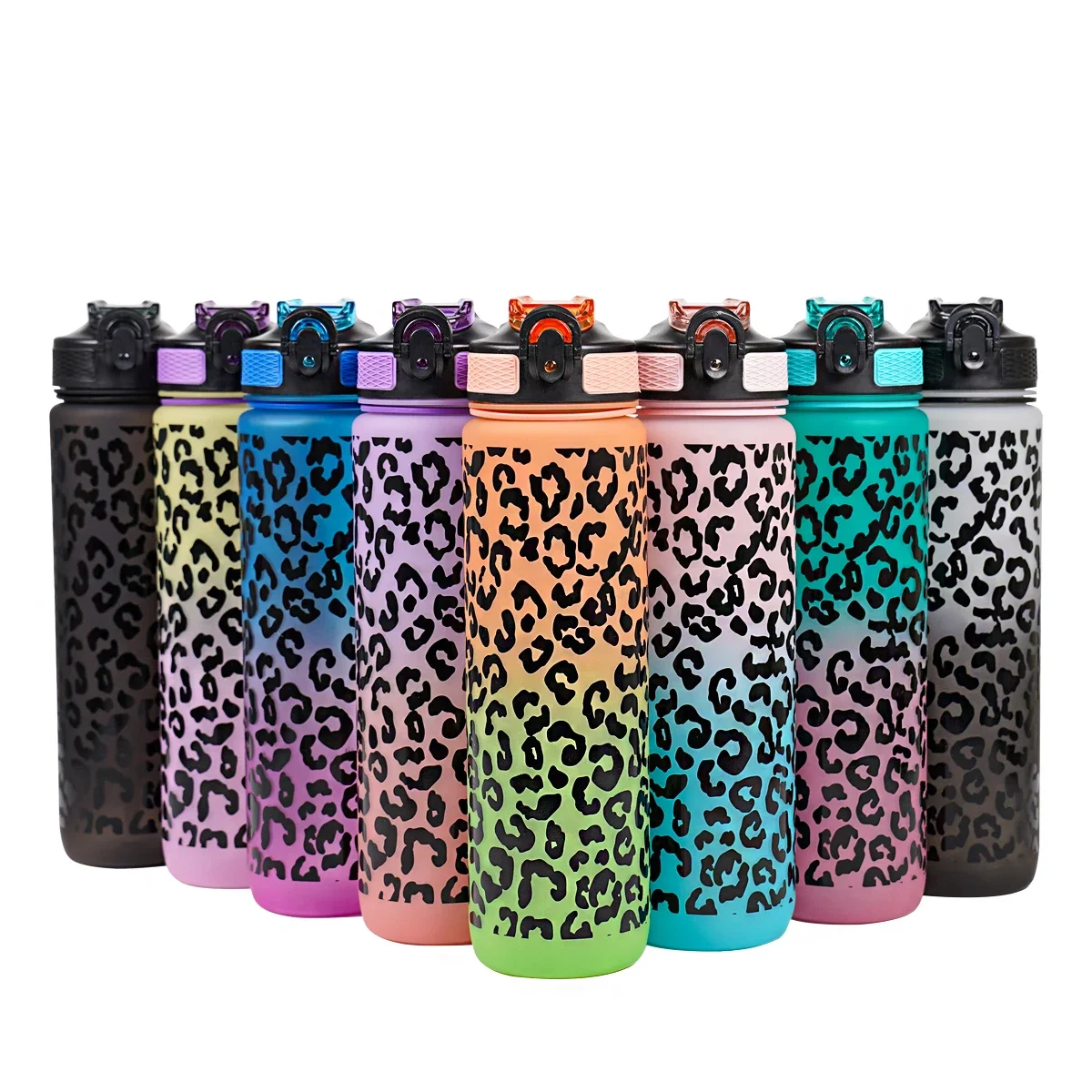 JIRO Botella de agua con estampado de leopardo de 1 litro con pajita Tour de alta calidad Senderismo Portátil Mis botellas de bebida favoritas
