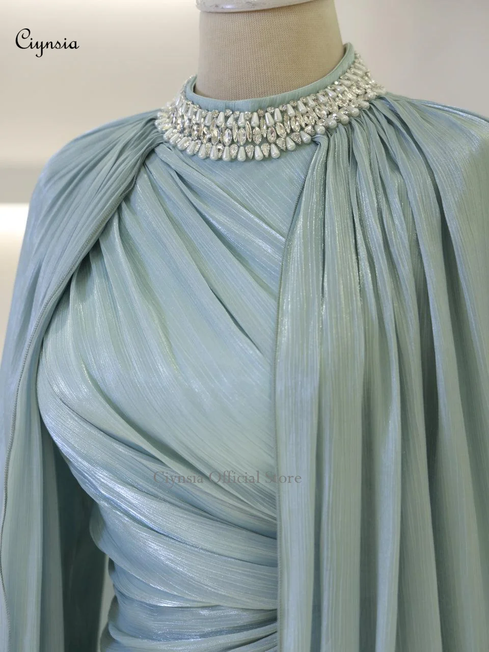 시인시아 이슬람 무슬림 이브닝 드레스 여성 우아한 비즈 크리스탈 넥 롱 슬리브 정장 드레스 베스티도스 데 갈라