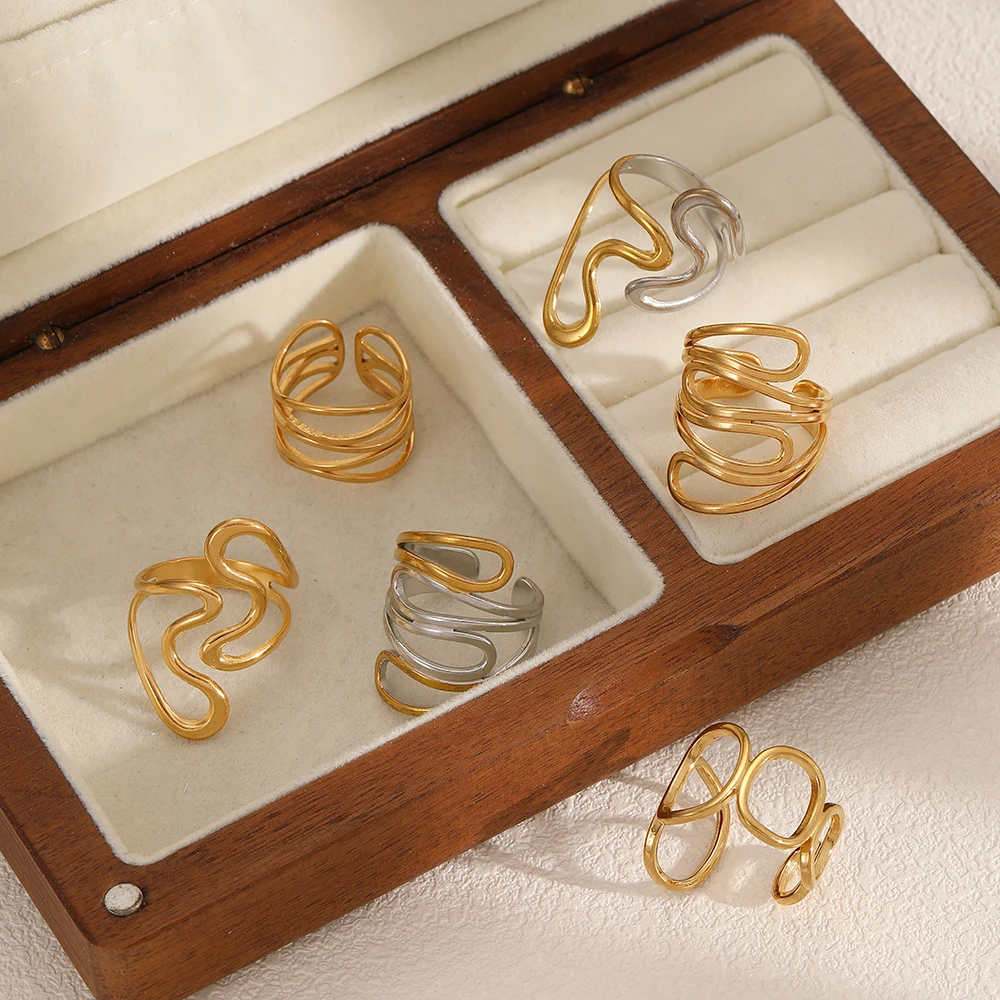 Neues Design Edelstahl Offener Ring mit Unregelmäßigen Geometrischen Linien für Damen, Wasserdicht, Modeschmuck – Detail 3