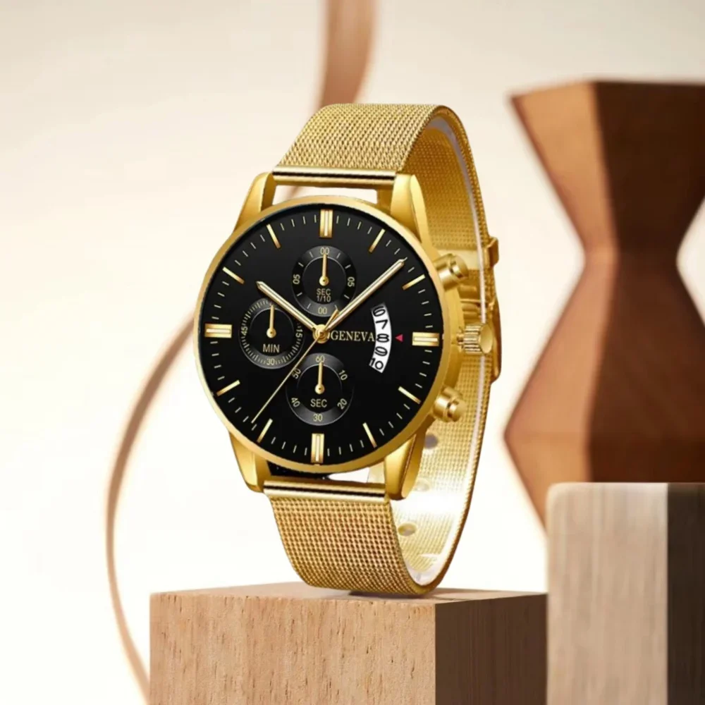 นาฬิกาควอทซ์ Geneva สำหรับกิจกรรมนักธุรกิจผู้ชายสายเหล็กกลมสีดำสไตล์ธุรกิจแฟชั่นประณีต Y151