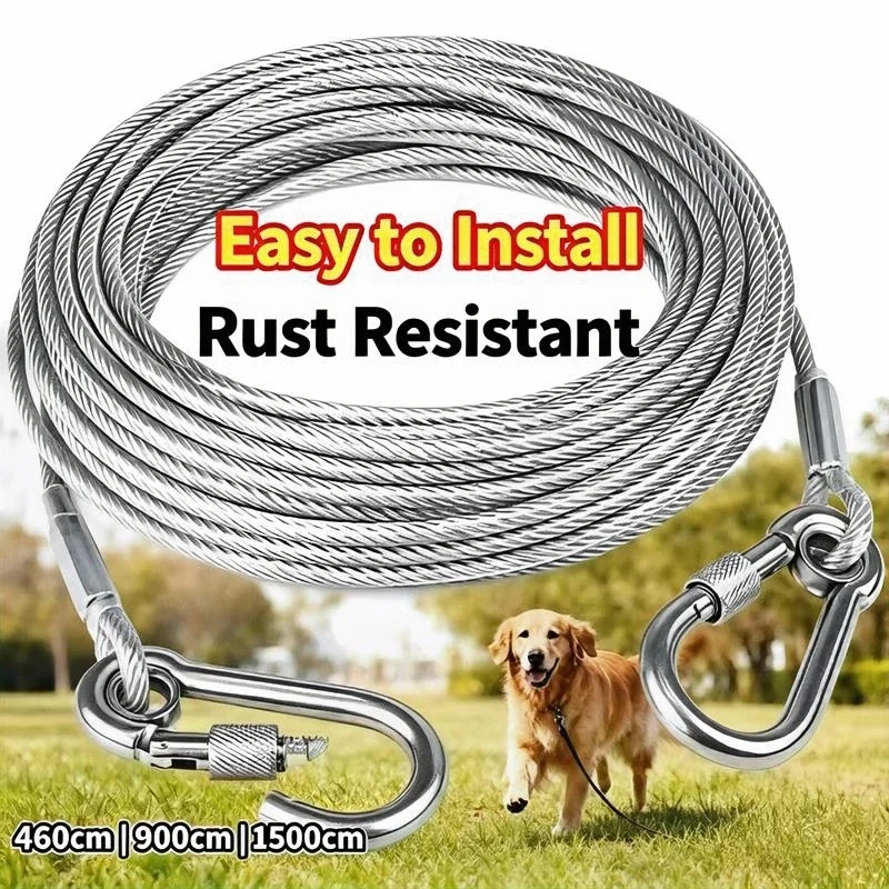 304 Stainless Steel Wire Rope Heavy Duty Pet Tie Out Cable with Lock Carabiner Hook Anti Rust Outdoor Dog Leash for Yard Camping