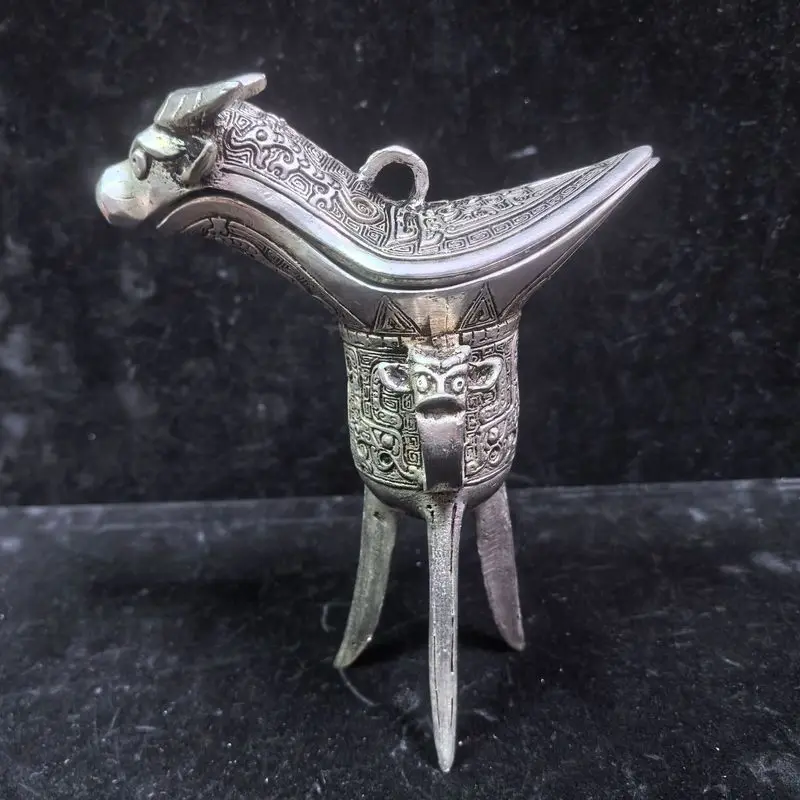 alloy three-legged cowhead cup  bronze ware, ancient ornaments  decorative wine vessel  Jue Feng