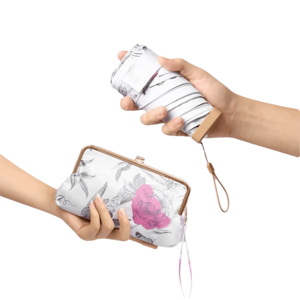 Folding Mini Sun Umbrella Dual Use 6 Ribs Design Pocket Rain Umbrella with Wallet Floral Pattern Sun Shade Umbrella Outdoor
