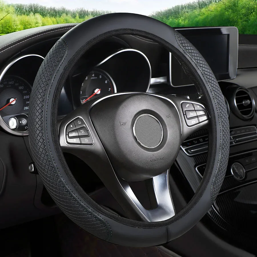 Universal Car Steering Wheel Cover - Anti-Slip Shock-Absorbing Silica Gel Particles Textured Red Stitching Auto Accessory